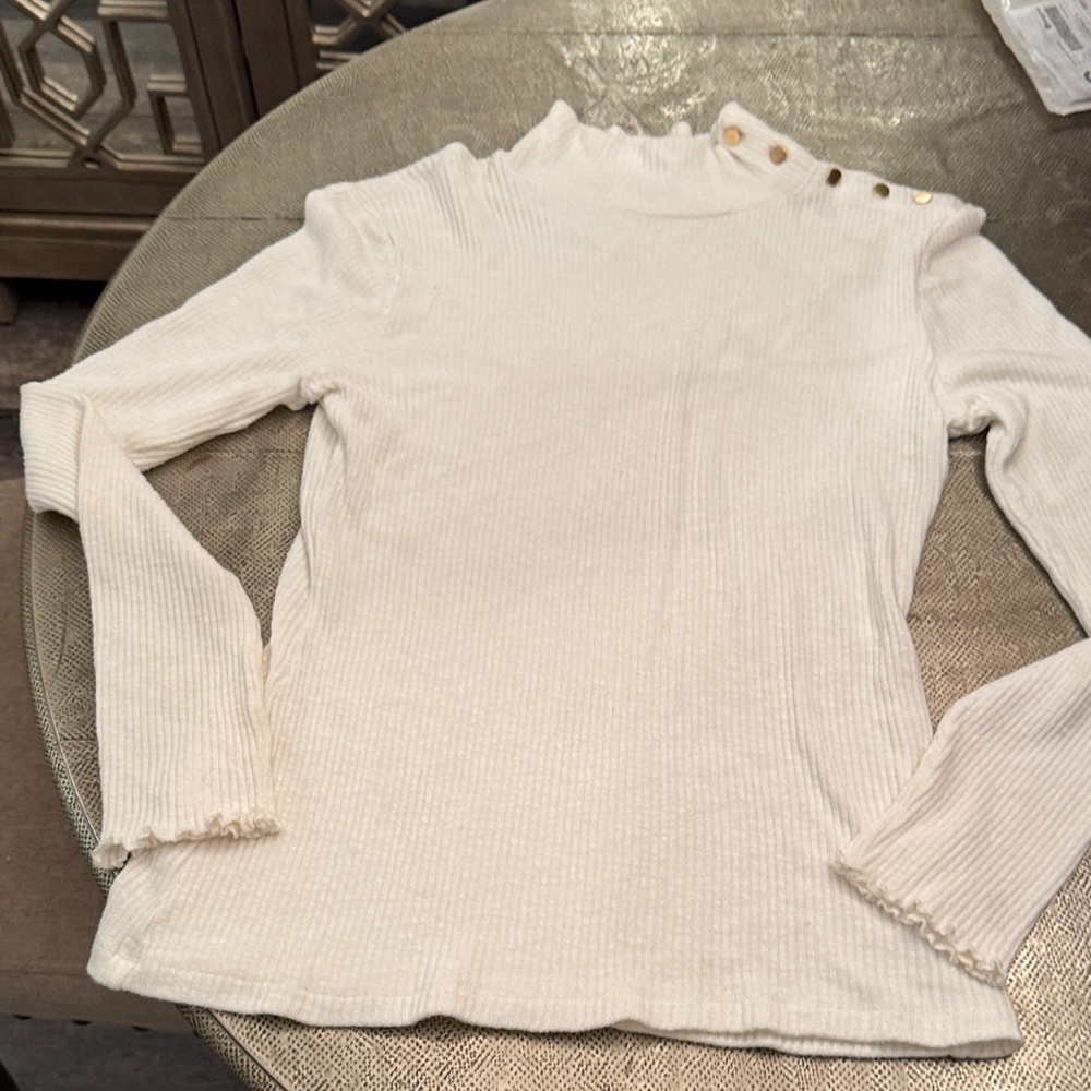 J. Crew Cream Ribbed Long Sleeve Top with Gold Buttons - Picture 1 of 8